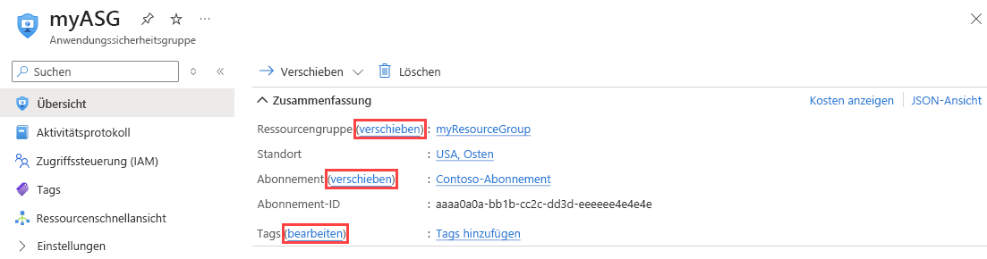 Screenshot des Änderns einer Anwendungssicherheitsgruppe im Azure-Portal