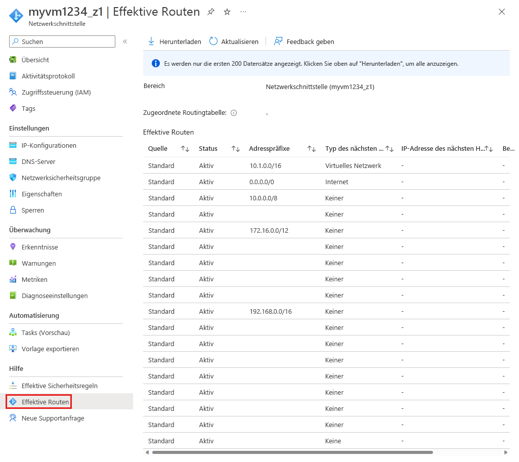 Screenshot der effektiven Routen für eine Netzwerkschnittstelle.