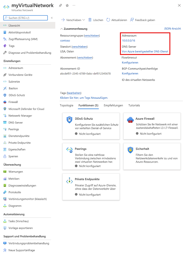 Screenshot: Übersichtsseite des virtuellen Netzwerks. Sie enthält wichtige Informationen wie Ressourcengruppe, Abonnementinformationen und DNS-Informationen.