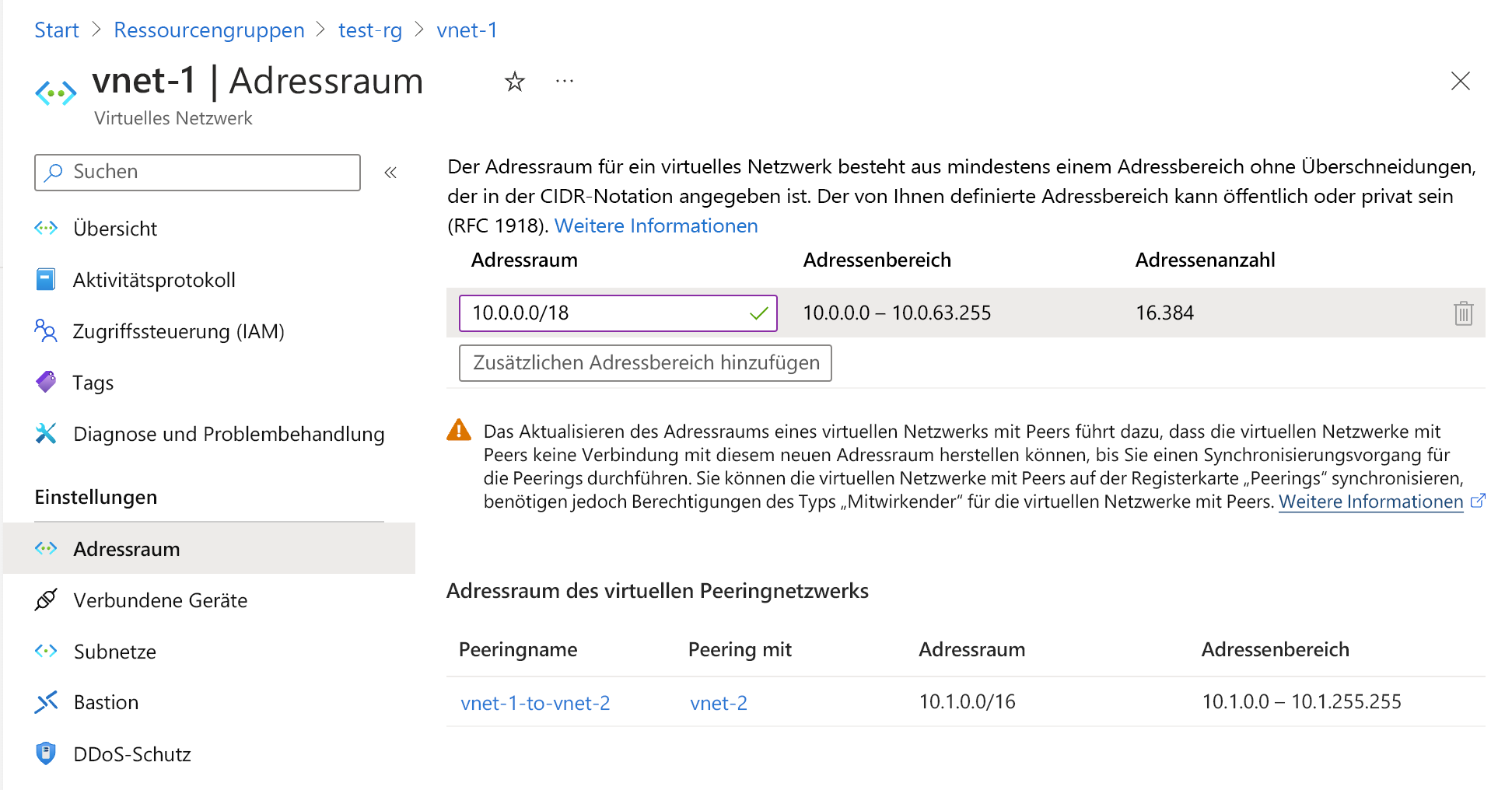 Screenshot: Seite „Adressraum“ zum Ändern des Präfixes eines Subnetzes