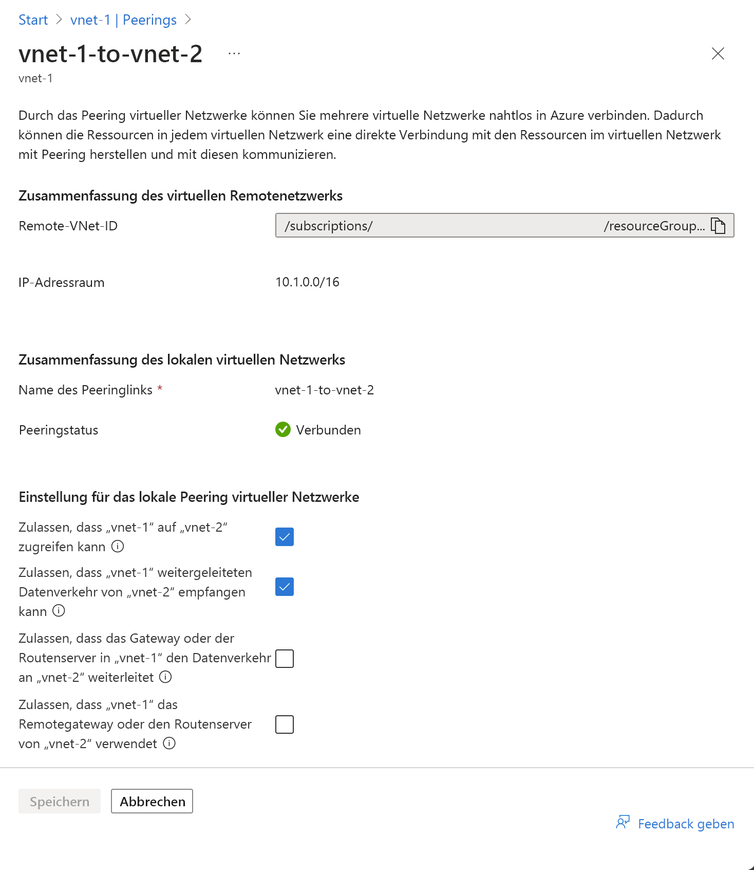Screenshot der Änderung der Einstellungen des Peerings virtueller Netzwerke
