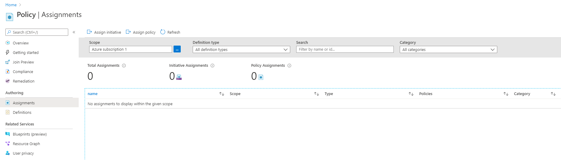 Screenshot der Registerkarte Zuweisungen in Azure Policy.