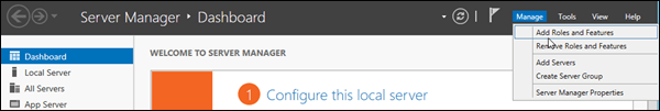 Klicken Sie Server-Manager auf Verwalten, um zu Rollen und Features hinzufügen zu gelangen.