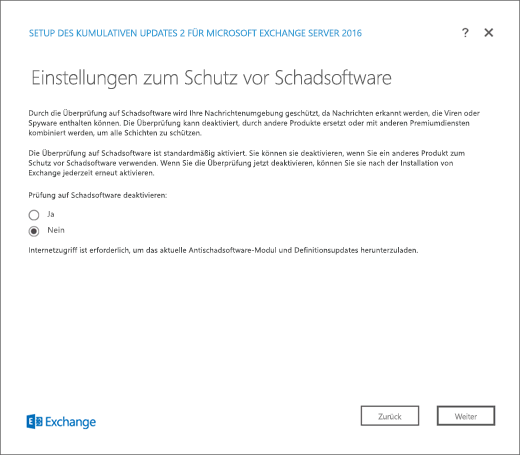 Exchange-Setup – Seite „Einstellungen zum Schutz vor Schadsoftware“.