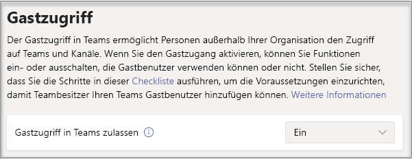 Schalter für „Gastzugriff in Teams zulassen“ ist auf „Ein“ eingestellt.