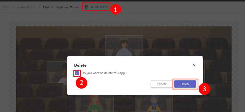 Screenshot: Option zum Löschen einer Szene in Scene Studio