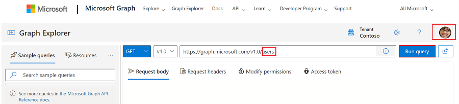 Screenshot von Microsoft Graph mit rot hervorgehobenen Benutzern im URI.