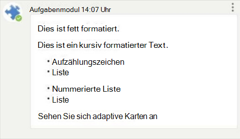 Screenshot: Beispiel für die Markdownformatierung adaptiver Karten auf der Teams Android-Plattform.