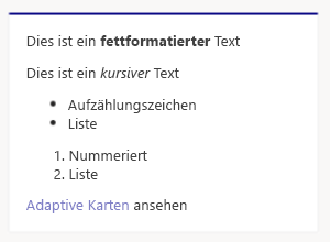 Screenshot: Beispiel für die Markdownformatierung adaptiver Karten im Teams-Desktopclient