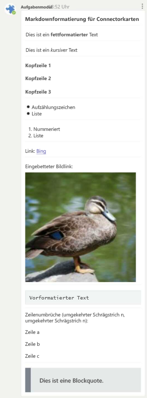 Screenshot: Markdownformatierung für Connectorkarten im Teams Android-Client