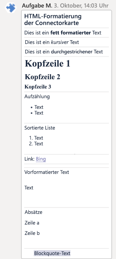 Screenshot: Markdownformatierung für Connectorkarten im Teams iOS-Client