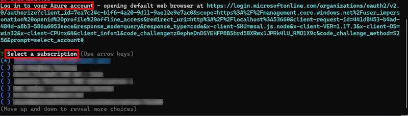 Screenshot: Anmeldung bei Azure und Auswählen einer Abonnementoption im CLI-Fenster