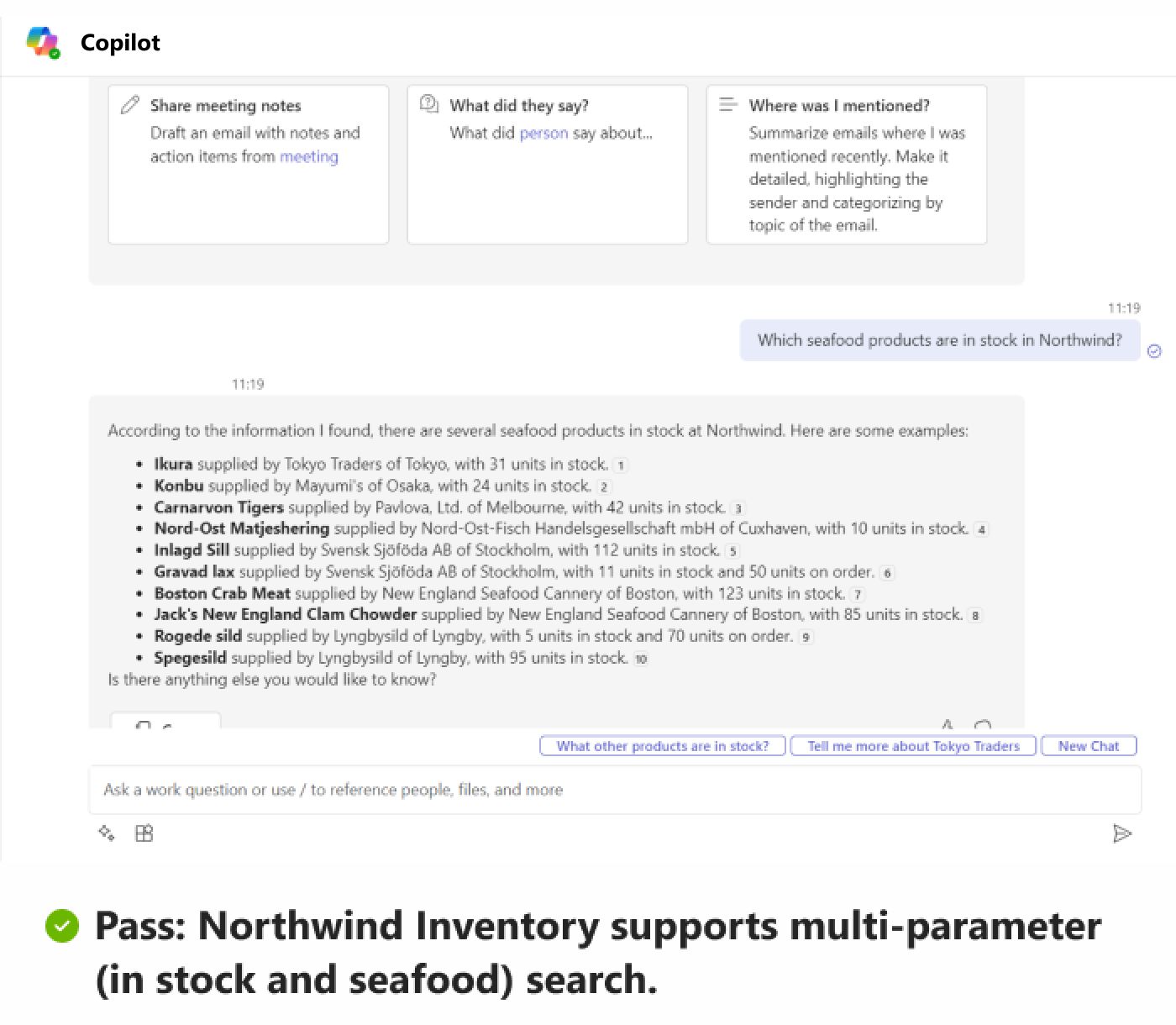 Screenshot: Beispiel für ein Pass-Szenario, bei dem die Northwind-App eine Antwort für meeresfrüchte und in stock-Parametern zurückgibt.