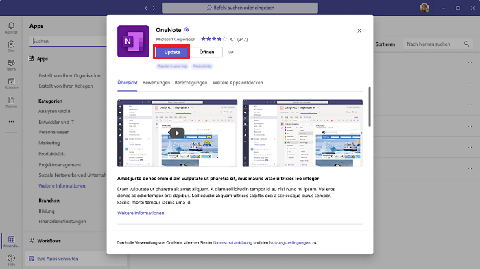 Screenshot: Option zum Aktualisieren der in Teams installierten App