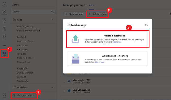 Abbildung: Option zum Hochladen einer benutzerdefinierten App in Teams