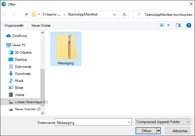 Screenshot des geklonten Repositorys mit der MESSAGING-ZIP-Datei.