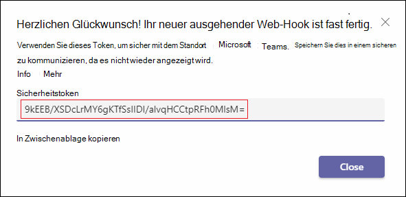 Screenshot: Ausgehender Webhook ist bereit und das Sicherheitstoken ist rot hervorgehoben.