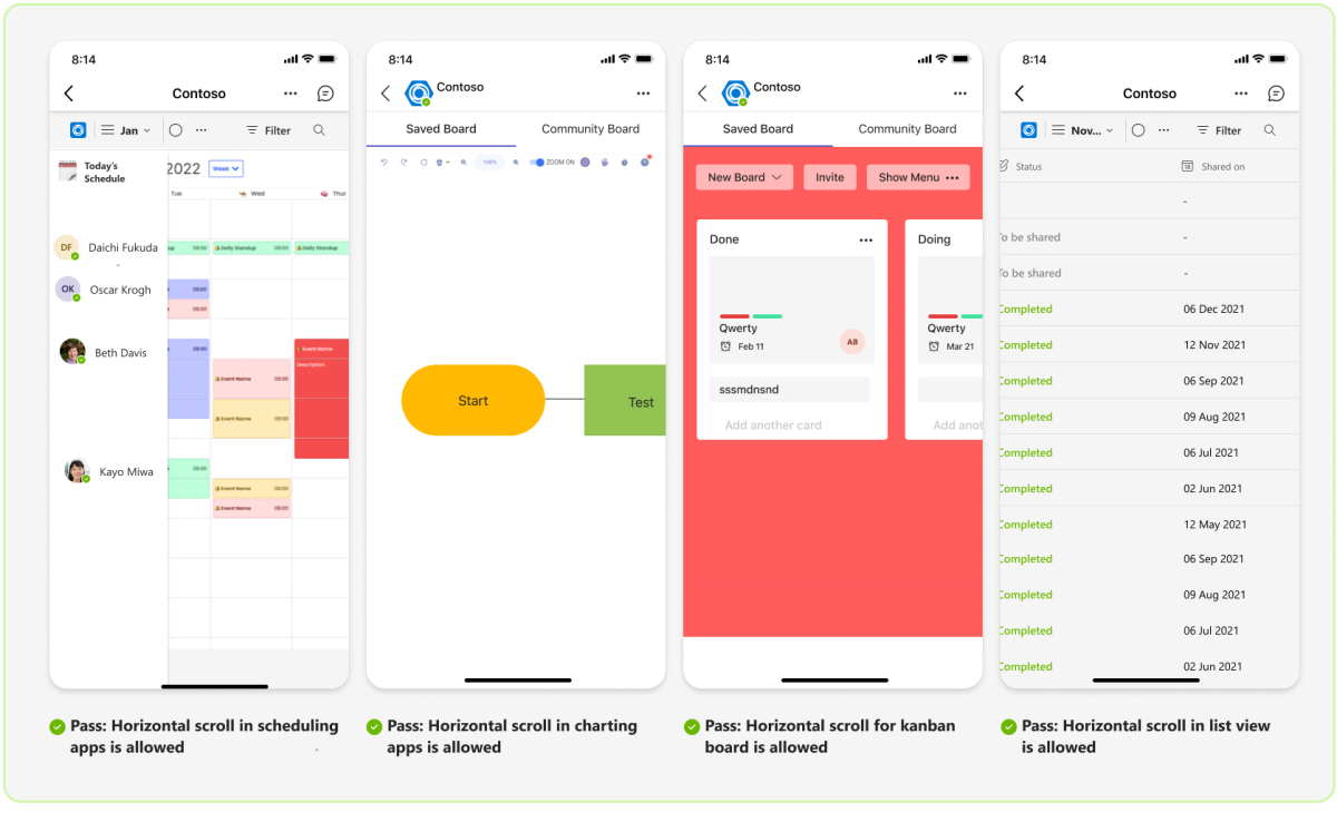 Die Grafik zeigt Beispiele für alle Szenarien auf Mobilgeräten, in denen horizontaler Bildlauf zulässig ist.