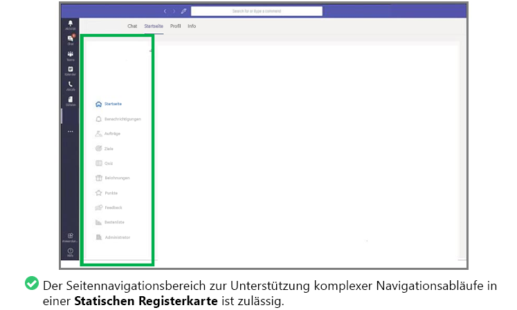 Die Grafik zeigt ein Beispiel für die Navigation auf einer Registerkarte, die nicht mit der primären Teams-Navigation in Konflikt kommt.