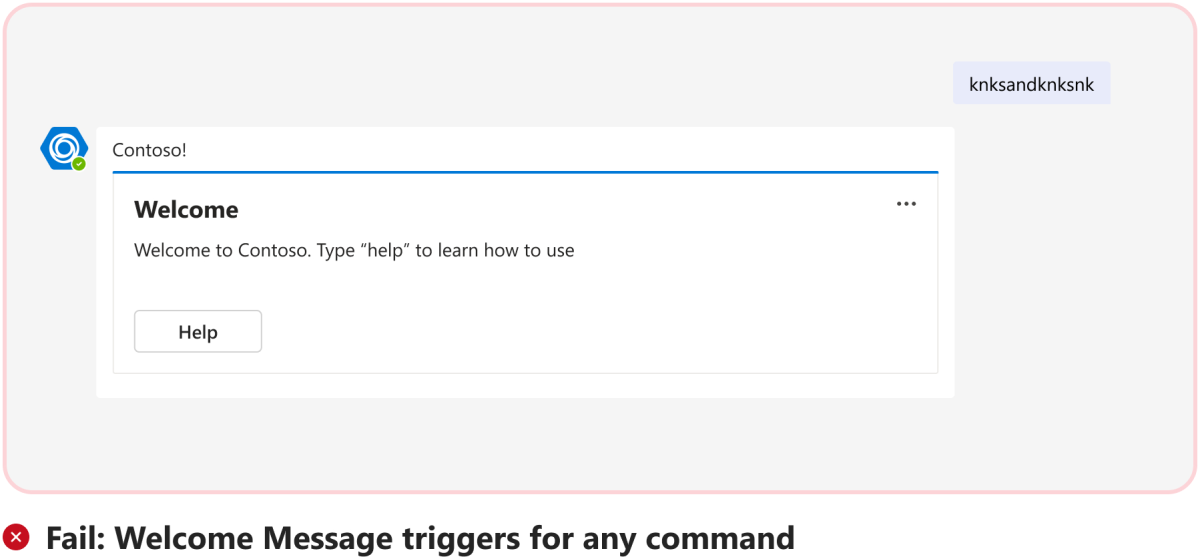 Die Grafik zeigt ein Beispiel für den Bot, der eine Willkommensnachricht für einen beliebigen Befehl auslöst.