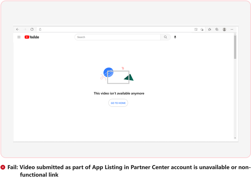 Screenshot des Szenarios mit einem Fehler des Videos, das als Teil der App-Auflistung im Partner Center übermittelt wurde.