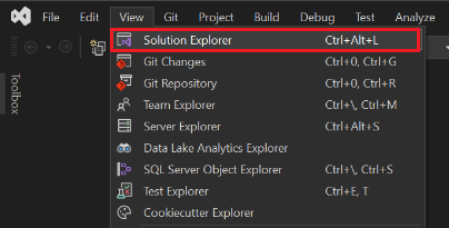 Screenshot von Visual Studio mit rot hervorgehobenem Menüelement Projektmappen-Explorer unter Ansicht.