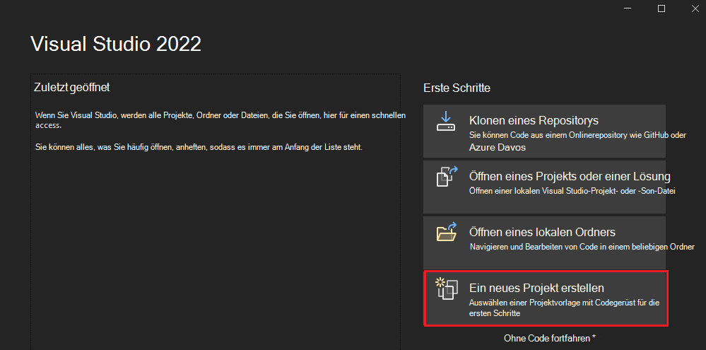 Screenshot: Visual Studio mit der Option 