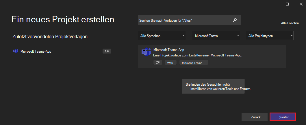 Screenshot: Erstellen eines neuen Projekts mit der Option 