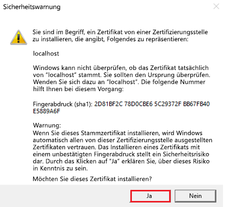 Screenshot: Zertifizierungsstelle zum Installieren des Zertifikats