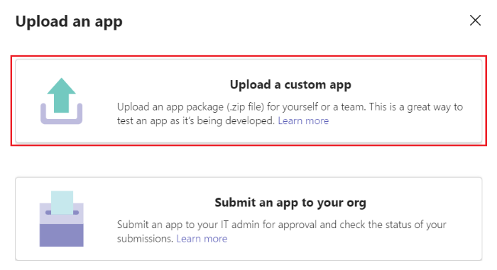 Screenshot: Option zum Hochladen einer benutzerdefinierten App in Teams