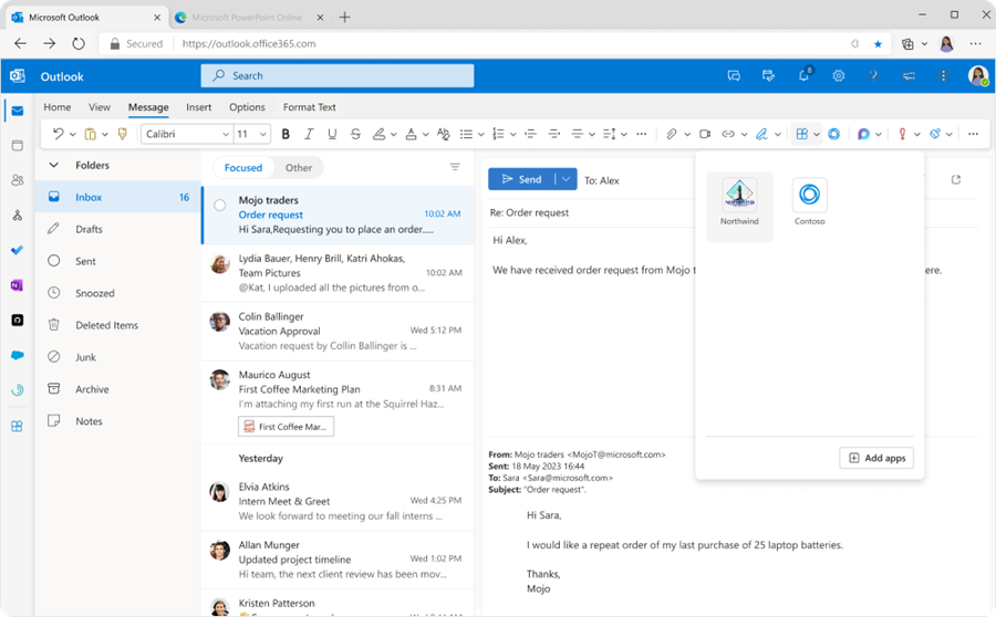 Screenshot: Vorschau der Nachrichtenerweiterung in Outlook im Web