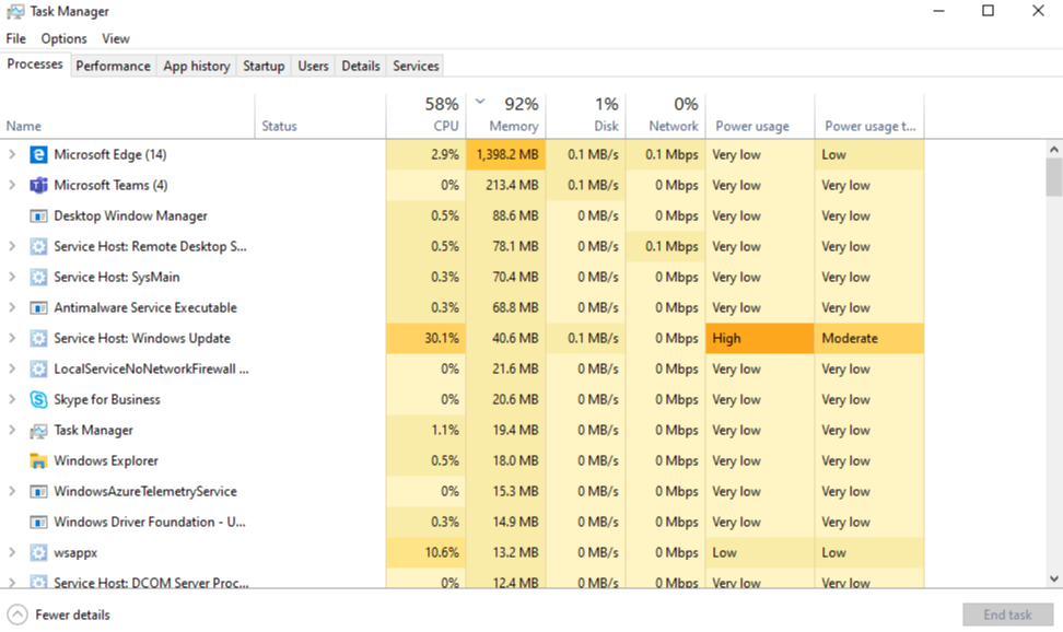 Teams-Speicherauslastungsansicht im Task-Manager.