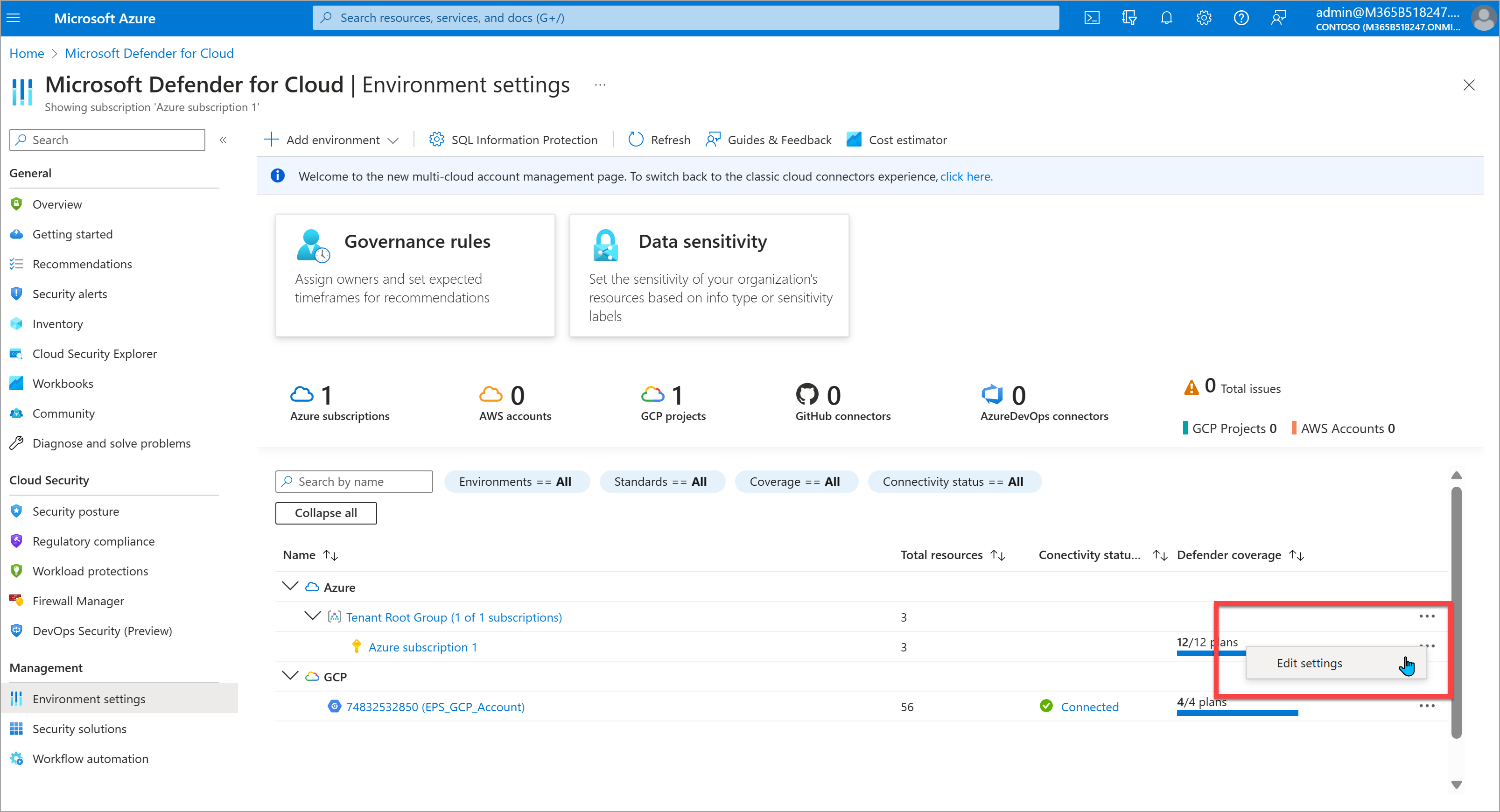 Einstellungen für das Compliance-Manager-MDC-Abonnement.