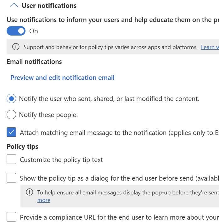 Konfigurationsoptionen für Benutzerbenachrichtigungen und Richtlinientipps, die für Exchange, SharePoint, OneDrive, Teams Chat und Channel sowie Defender for Cloud Apps