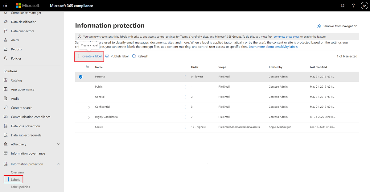 Erstellen von Vertraulichkeitsbezeichnungen im Microsoft Purview Compliance Center