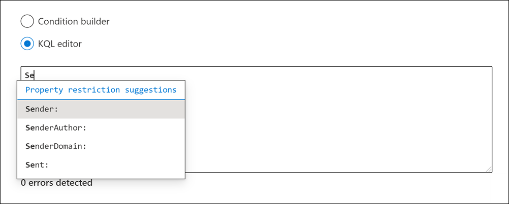 Der KQL-Editor schlägt unterstützte Eigenschaften vor