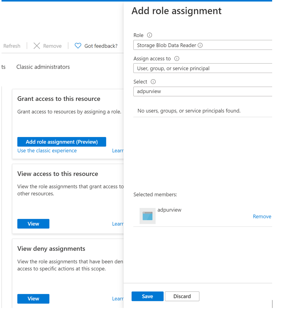 Screenshot: Details zum Zuweisen von Berechtigungen für das Microsoft Purview-Konto