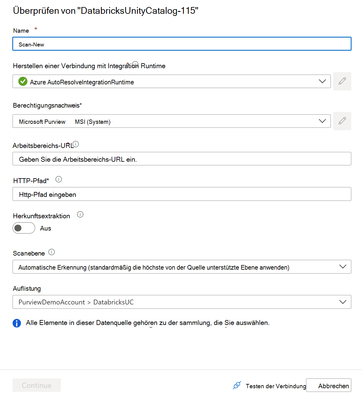 Screenshot: Einrichten der Azure Databricks Unity Catalog-Überprüfung