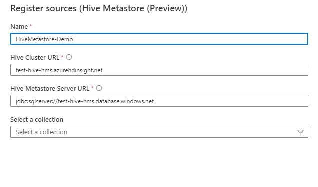 Screenshot: Felder zum Registrieren von Hive-Quellen