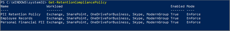 Liste der Aufbewahrungsrichtlinien in PowerShell.