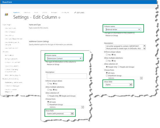 Site Column Settings