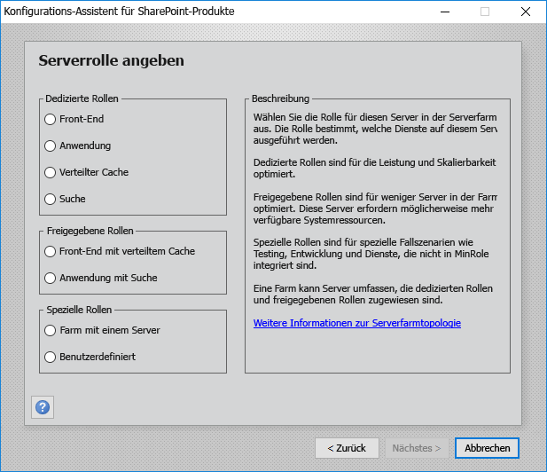 Zeigt das Dialogfeld für PSConfig mit freigegebenen Rollen in SharePoint Server 2019