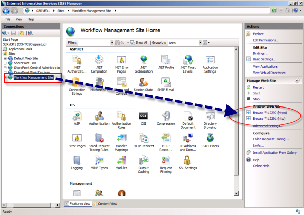 Anzeigen von Ports im IIS-Manager.