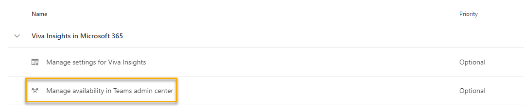Screenshot: Verwalten der Verfügbarkeit im Teams Admin Center auf der Viva Insights-Administratorseite