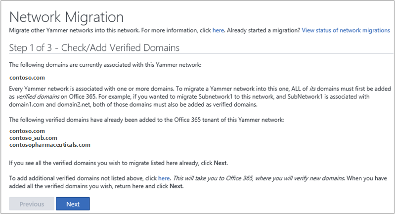 Screenshot: Schritt 1 von 3: Überprüfen/Hinzufügen verifizierter Domänen vor der Migration eines Viva Engage-Netzwerks