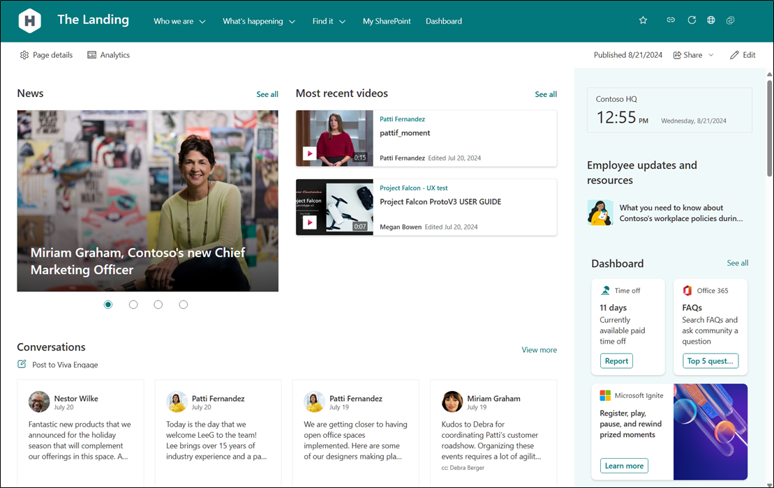 Screenshot einer SharePoint-Website mit mehreren Webparts