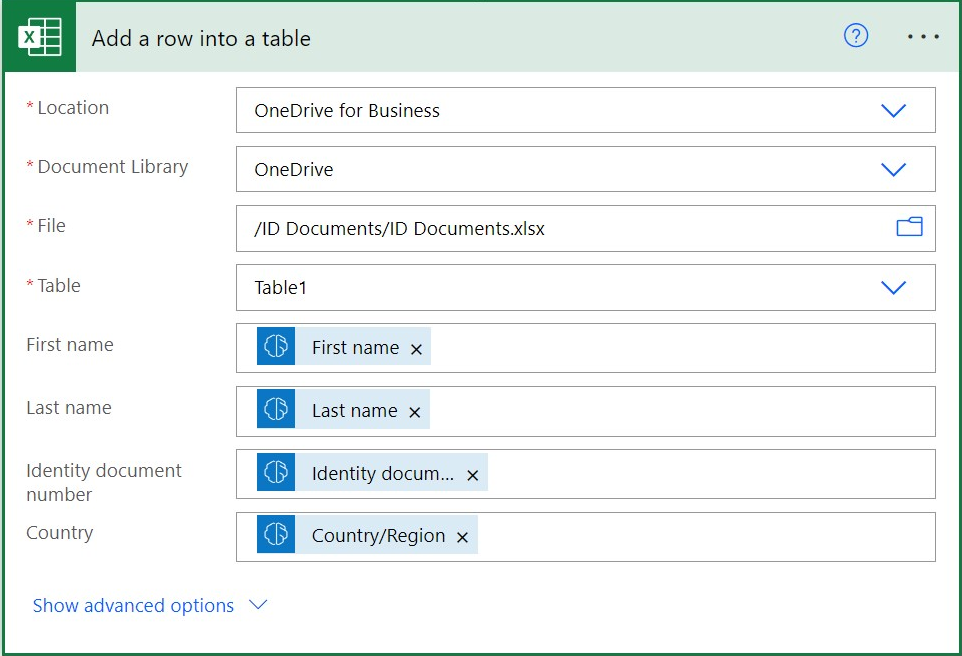 Screenshot eines ausgefüllten Connectors zum Hinzufügen einer Zeile in einer Tabelle in einem manuell ausgelösten Schritt zum Extrahieren von Informationen in einem Flow.