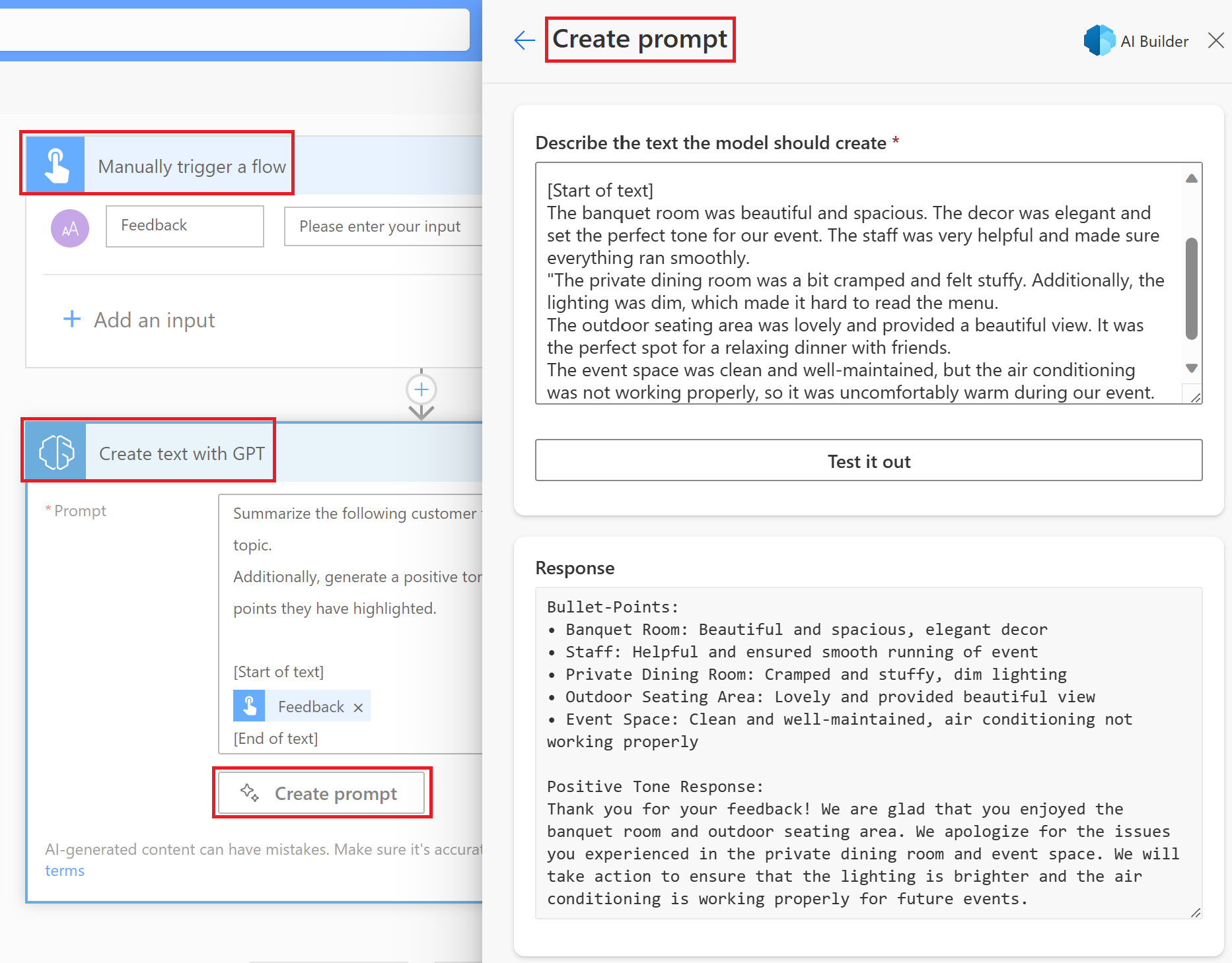 Screenshot der Seite „Eingabeaufforderung erstellen“ in Power Automate