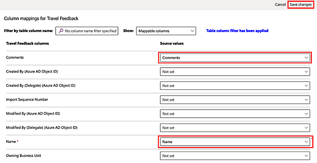 Screenshot der Spaltenzuordnungen zur Reise-Feedback-Tabelle.