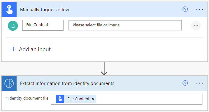 Screenshot eines manuell ausgelösten Schritts zum Extrahieren von Informationen in einem Flow, wobei ein Identitätsdokument ausgewählt ist.